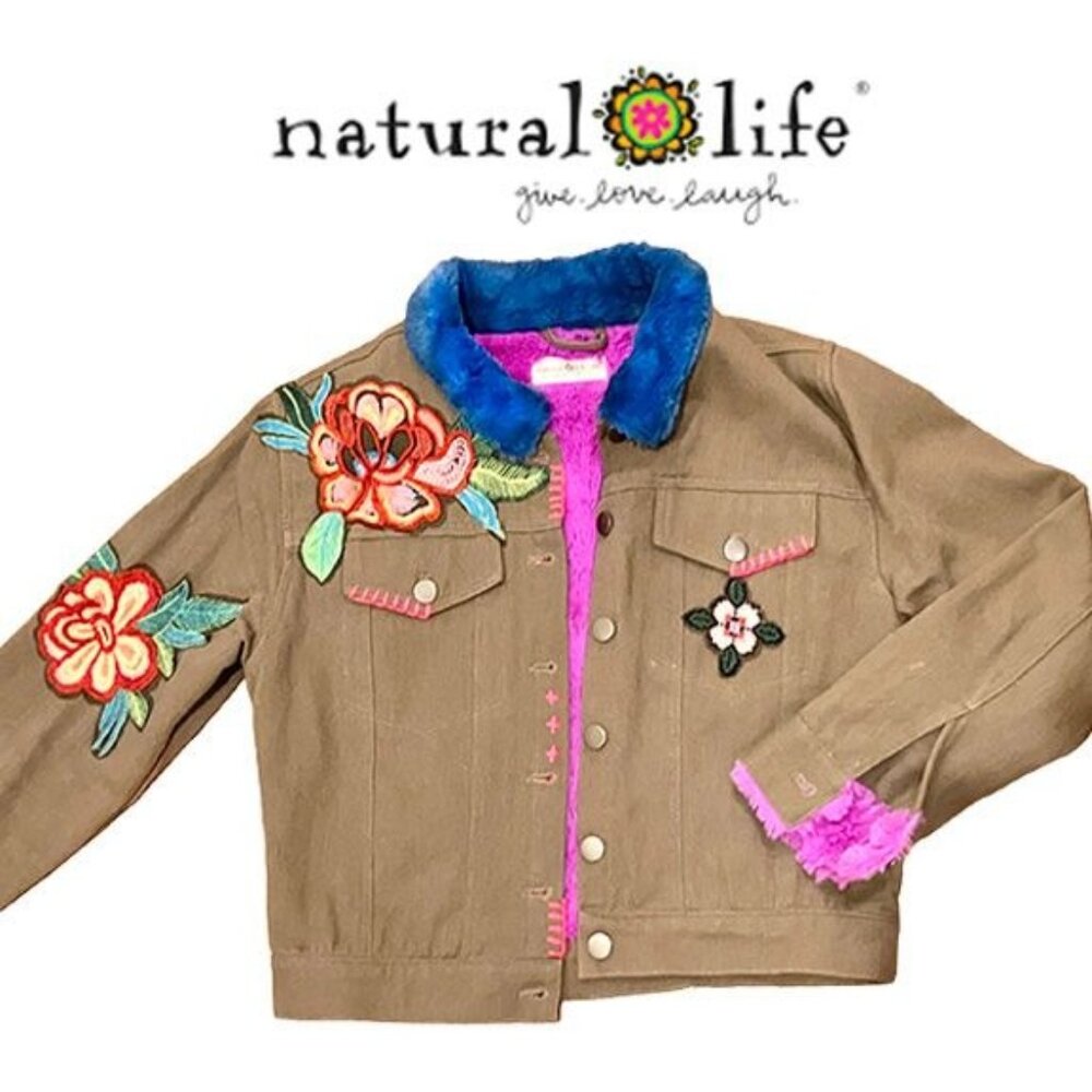 Natural Life Tara embroidered, embellished Tan Jacket, faux fur lining, XS